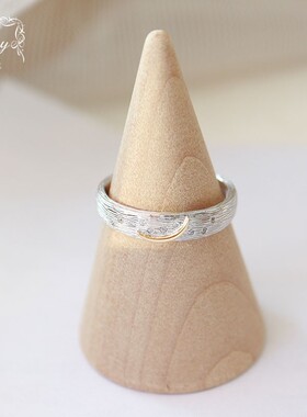 日系*风月亮星碎条纹拼色925纯银镀金戒指个性简约时尚银色