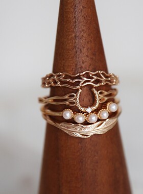 幸运马蹄～天然淡水珍珠羽毛戒指镂空蕾丝指环时尚饰品s925银镀金