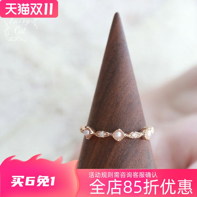 日系新款天然淡水珍珠复古纤细简约小众戒指环925银镀金女*