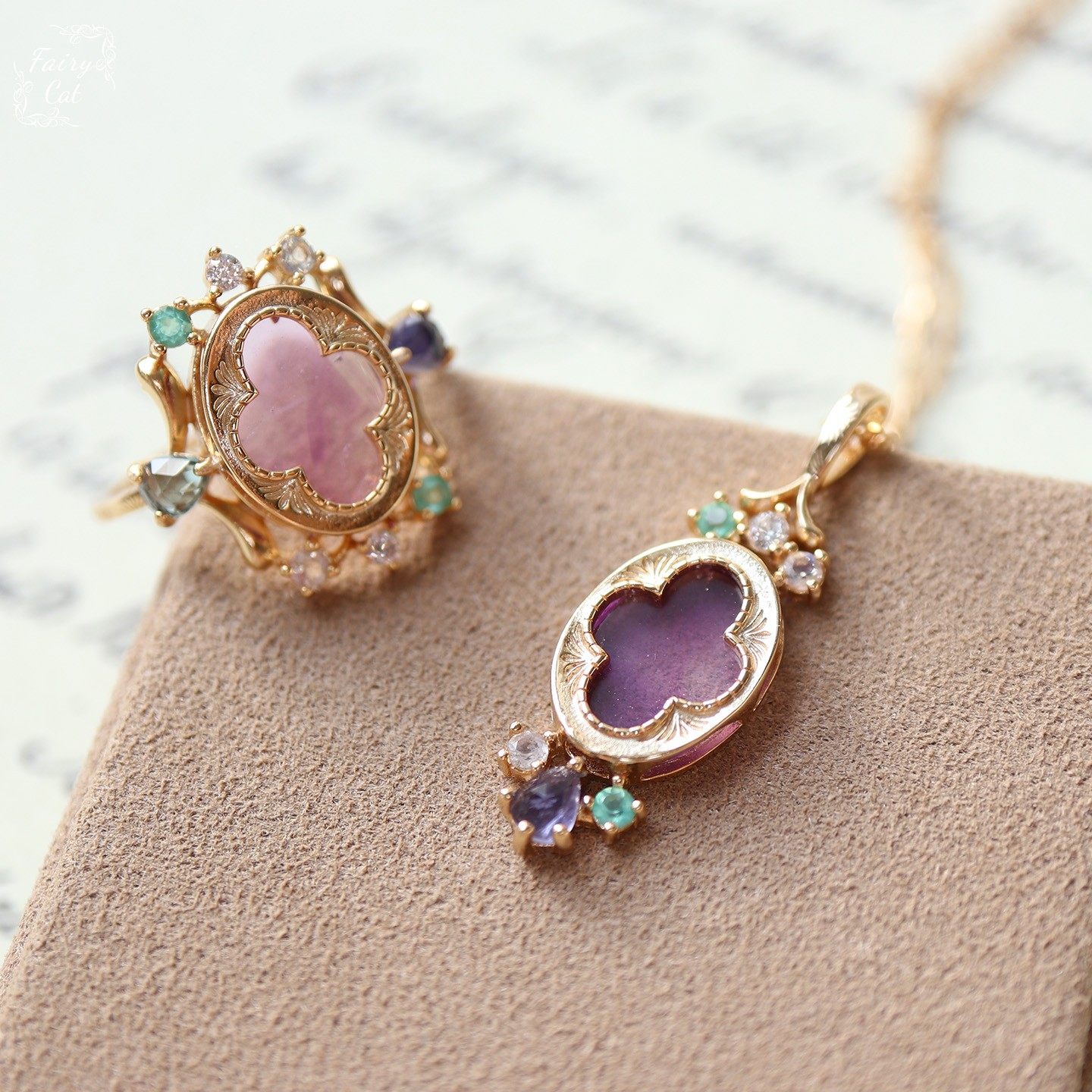 日系A家 复古窗花设计天然紫水晶戒指/项链925银镀金