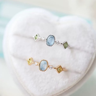 特 女 罗马玻璃系列海蓝宝橄榄石戒指925银镀金小清新日系A家同款