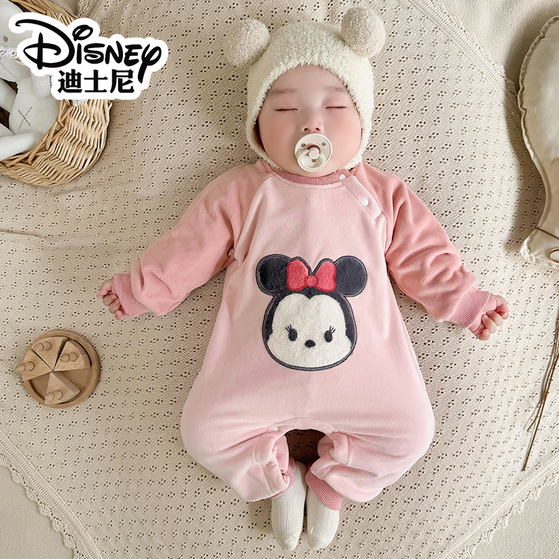 迪士尼婴儿秋冬衣服加厚加绒保暖珊瑚绒宝宝连体衣冬季冬装法兰绒