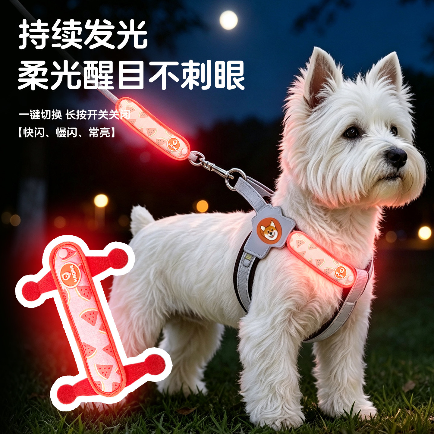 LED狗狗发光带充电款胸背项圈吊坠宠物夜间遛狗安全防走失夜行灯