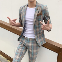 短袖西服套装男一套修身痞帅休闲花色格子长袖小西装潮流韩版男装