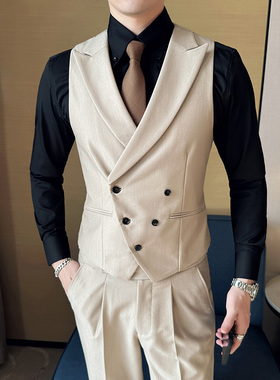 戗驳领双排扣马甲男英伦风V领马夹搭配修身那不勒斯长裤一套装潮