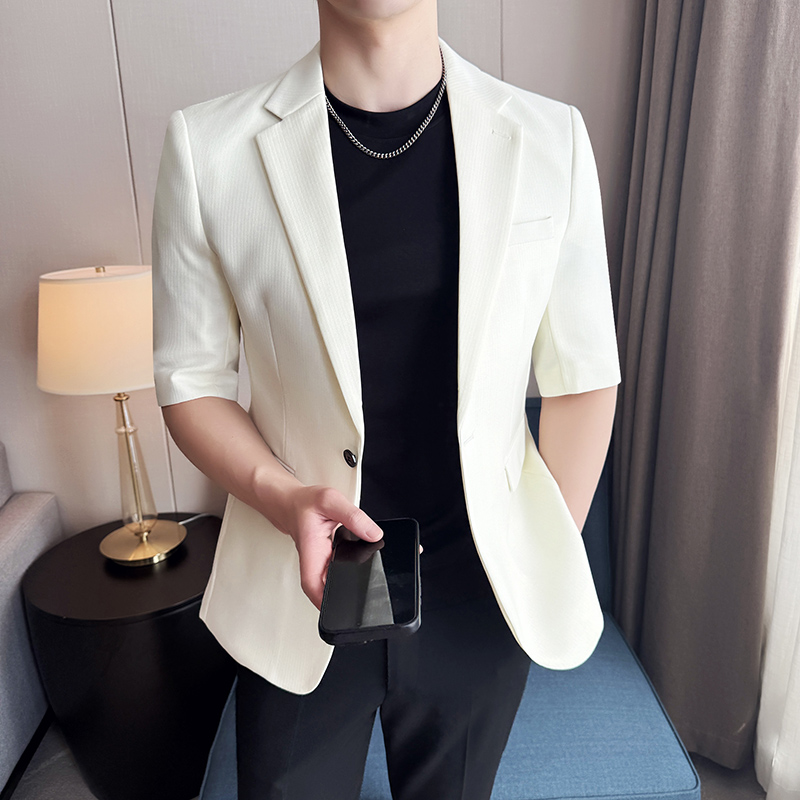 七分中袖小西装男夏季冰丝防晒外套亮丝暗纹通勤简约男士短袖西服