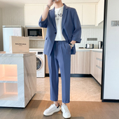 中袖 西装 男夏季 休闲薄款 垂感外套潮流痞帅宽松西服搭配直筒九分裤