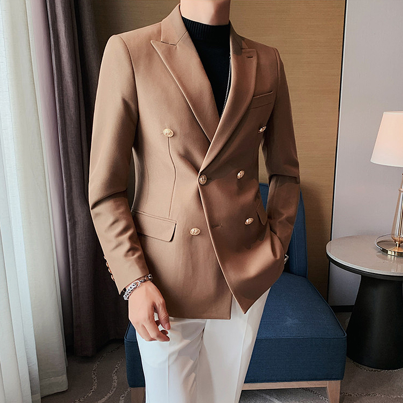戗驳领双排扣卡其色春秋外套西服