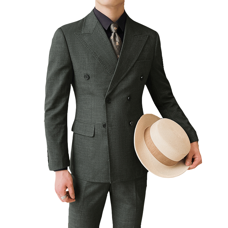 复古墨绿色双排扣西服男商务通勤
