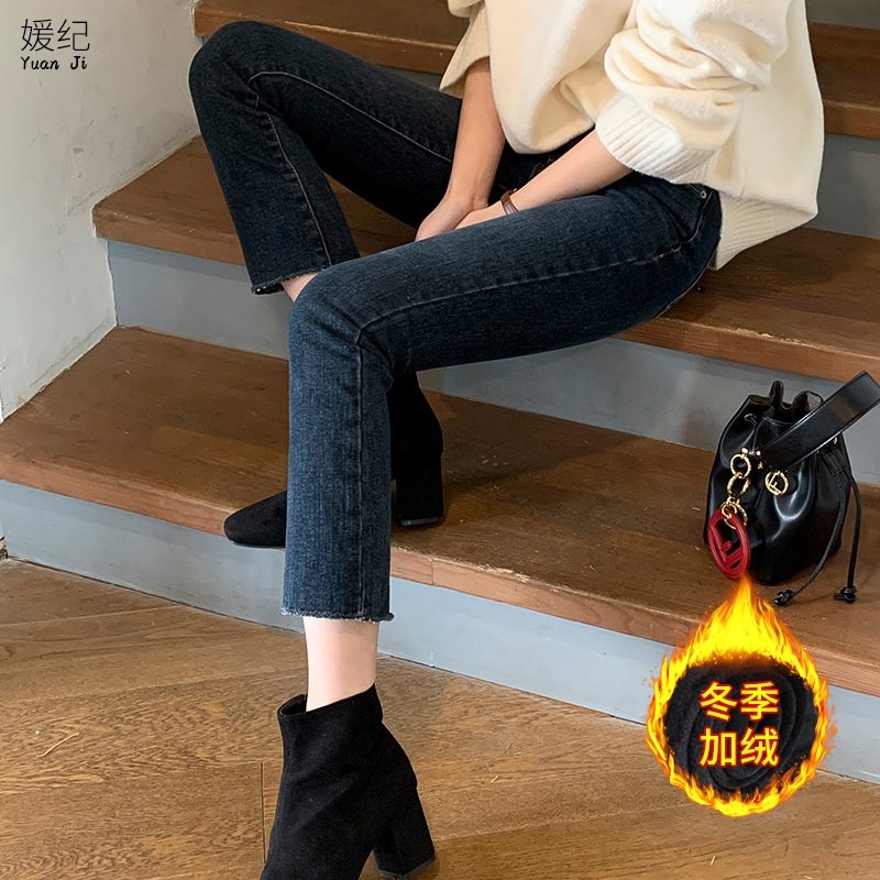 火山岩加绒牛仔裤女九分春秋蓝灰色复古高腰直筒宽松显瘦烟管裤子