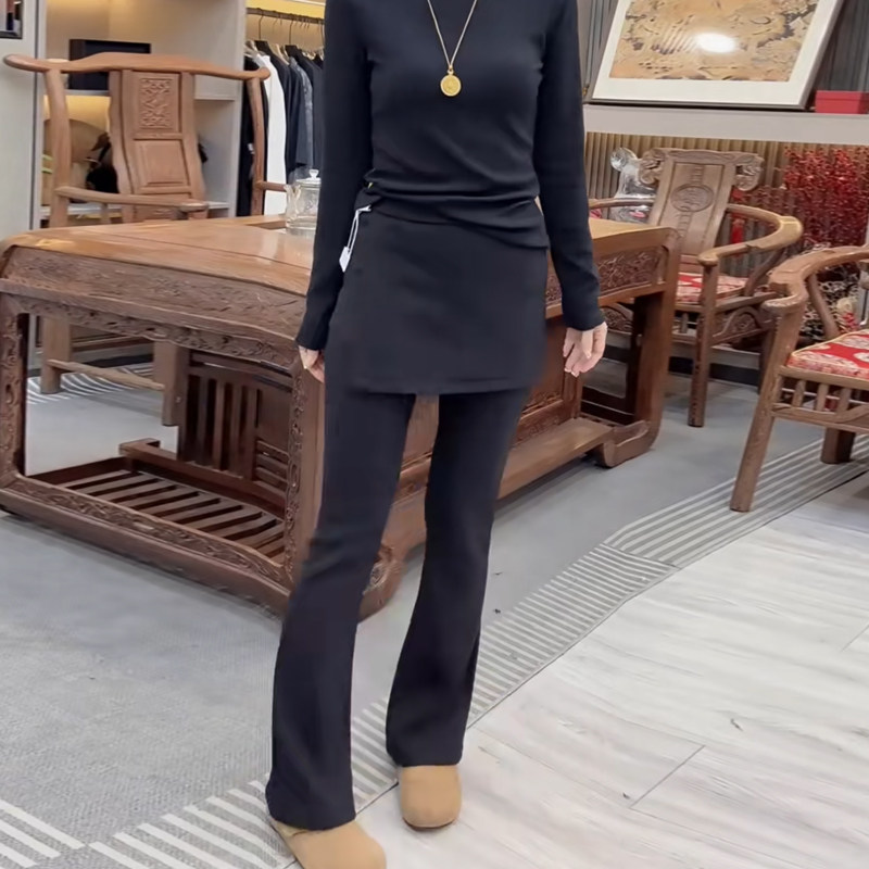 2025秋冬欧货休闲围裙裤高腰弹力百搭显瘦加绒侧开叉假两件微喇裤,女装/女士精品,休闲裤,淘宝优惠券,粉丝福利购,淘宝优惠卷