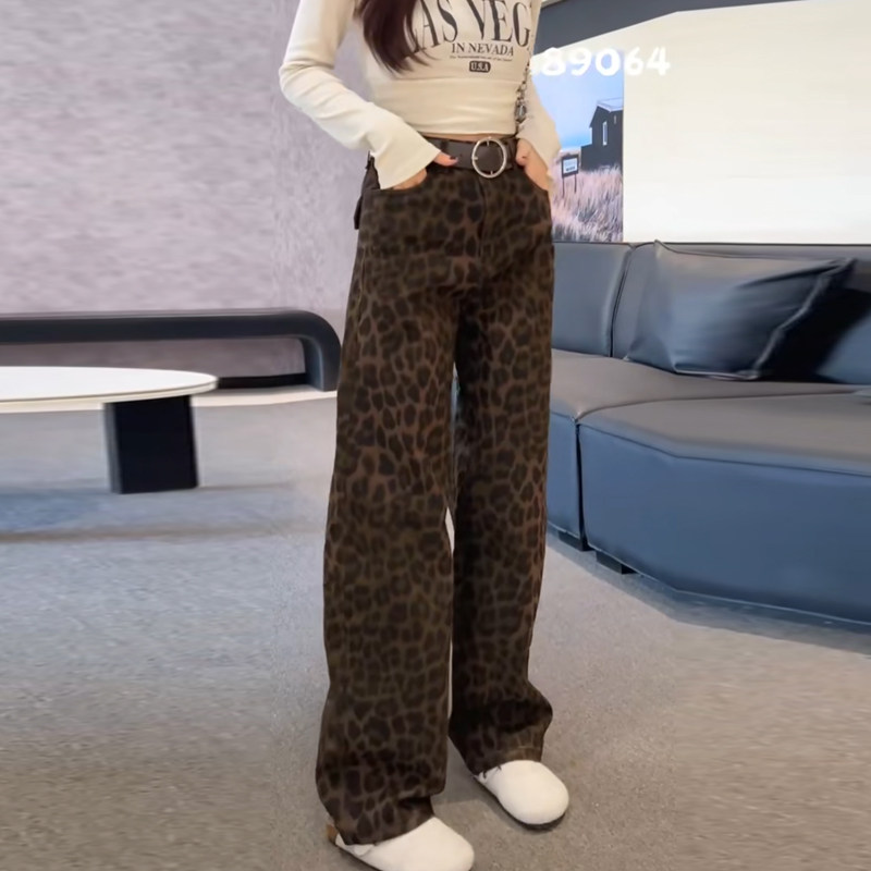 复古高腰豹纹弯刀裤工装牛仔裤2026新款欧货早春休闲时尚阔腿长裤,女装/女士精品,休闲裤,淘宝优惠券,粉丝福利购,淘宝优惠卷