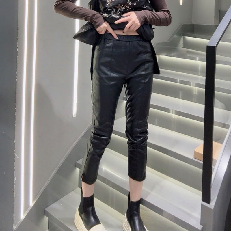 哑光涂层PU皮裤2026欧货休闲松紧高腰净版开叉春季百搭九分铅笔裤,女装/女士精品,休闲裤,淘宝优惠券,粉丝福利购,淘宝优惠卷