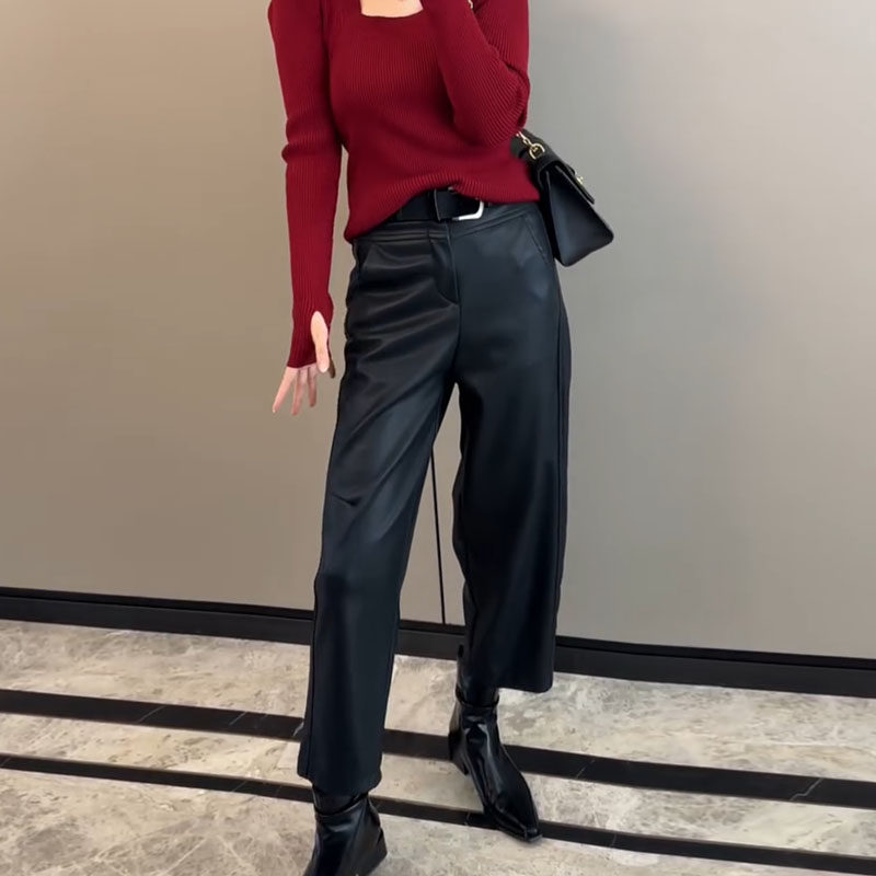韩版休闲宽松纯色九分pu皮裤女2024秋冬新款简约百搭高腰阔腿裤