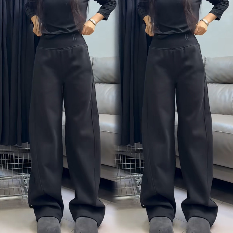 黑色休闲加绒卫裤2025秋冬欧洲站松紧高腰净版弹力宽松阔腿长裤