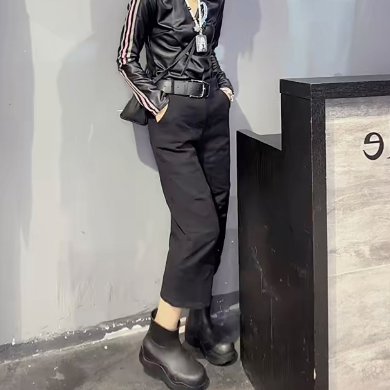 秋冬欧货时尚八分加绒牛仔裤女韩版宽松直筒烟管裤黑色百搭休闲裤