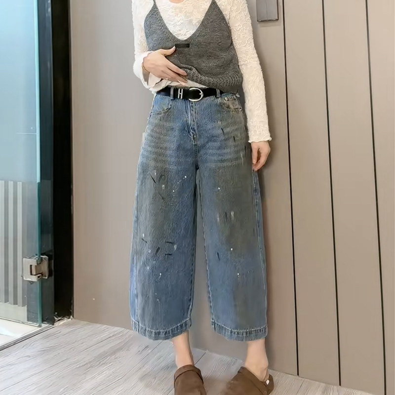 欧货时尚蕾丝打底衫针织吊带两件套春高腰甩漆显瘦九分阔腿牛仔裤