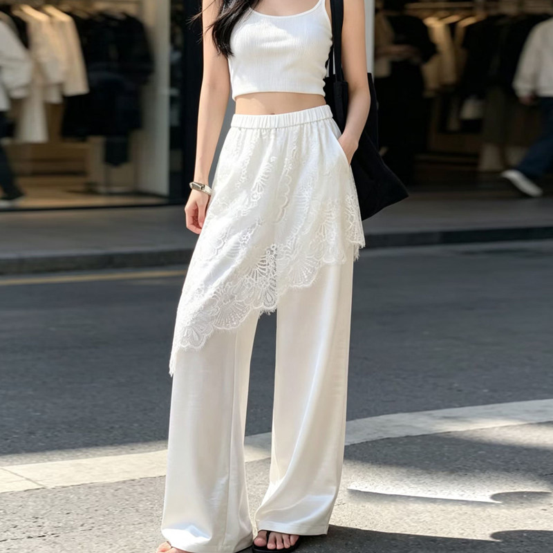 法式春季2026年松紧高腰围裙裤假两件蕾丝拼接垂感显瘦阔腿长裤