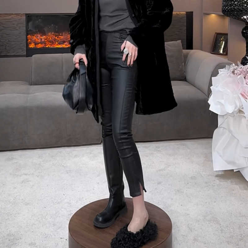 冬季新款加绒涂层裤子女侧开叉九分修身弹力高腰哑光铅笔裤皮裤女,女装/女士精品,休闲裤,淘宝优惠券,粉丝福利购,淘宝优惠卷
