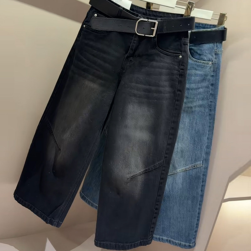 韩版早春新款阔腿水洗牛仔裤女百搭宽松显瘦高腰小个子净版九分裤