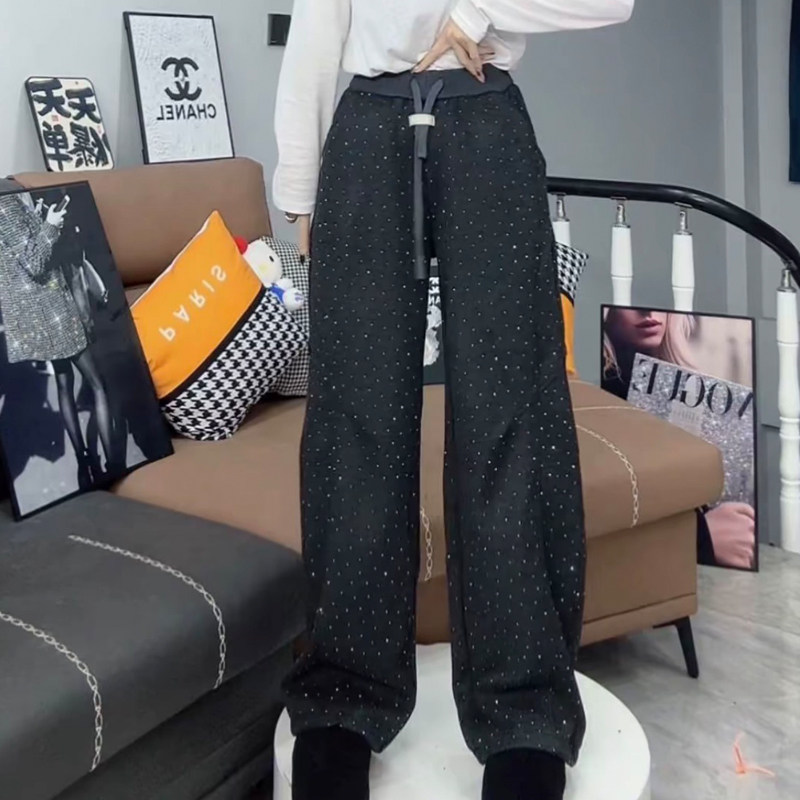 美式辣妹风欧货秋冬爆款松紧高腰抽绳满天星阔腿宽松显瘦拖地长裤