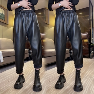 哈伦裤 2025秋冬新款 磨毛九分直筒垮裤 女pu皮小脚宽松萝卜裤 女 皮裤