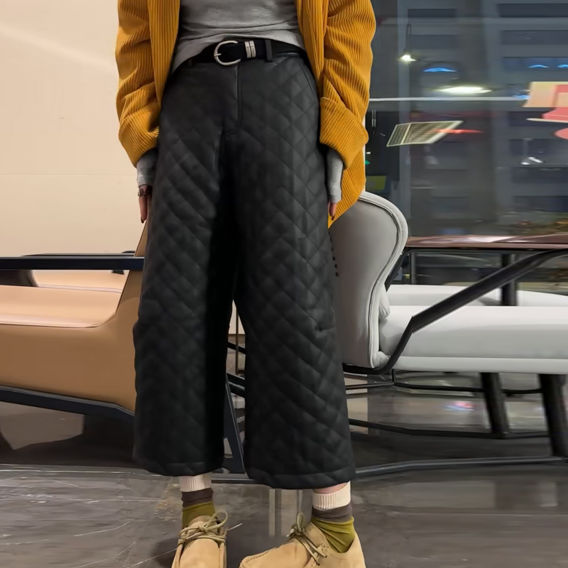 高腰菱格加厚阔腿九分皮裤