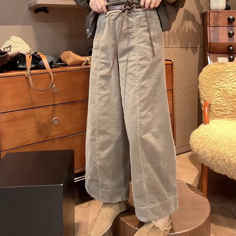 冬季新款灯芯绒阔腿裤女九分时尚百搭宽松糖果色腰带灯笼裤休闲裤