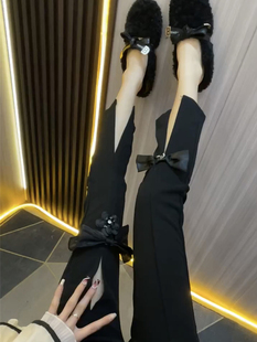 潮 女镂空蝴蝶结九分洋气弹力小个子烟管裤 春夏新款 麻料开叉休闲裤