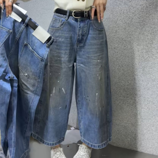 欧洲站2026早春休闲高腰阔腿牛仔裤 甩墨设计感宽松做旧九分裤