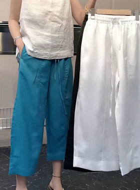 大码薄款高腰抽绳阔腿九分休闲裤