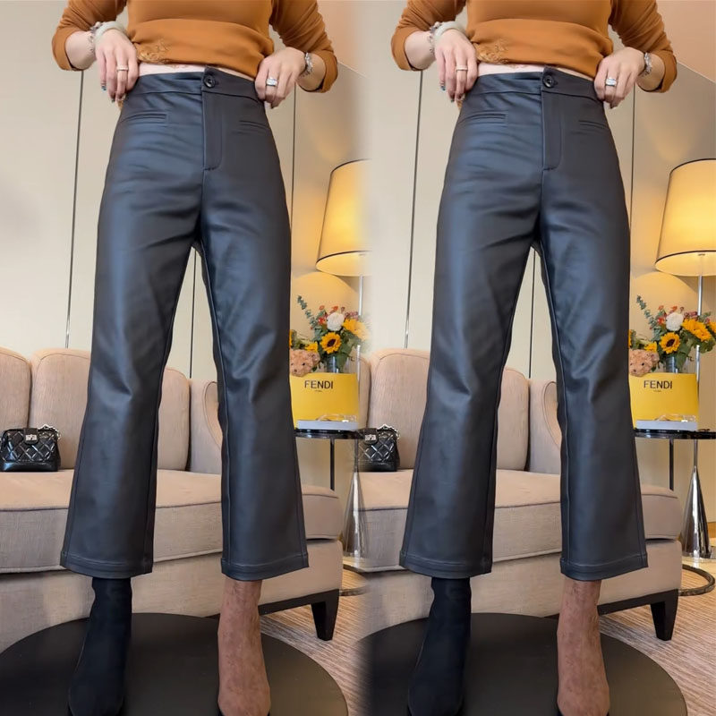 秋冬时尚新款2025秋冬休闲裤纯色高腰净版弹力涂层九分微喇皮裤,女装/女士精品,休闲裤,淘宝优惠券,粉丝福利购,淘宝优惠卷