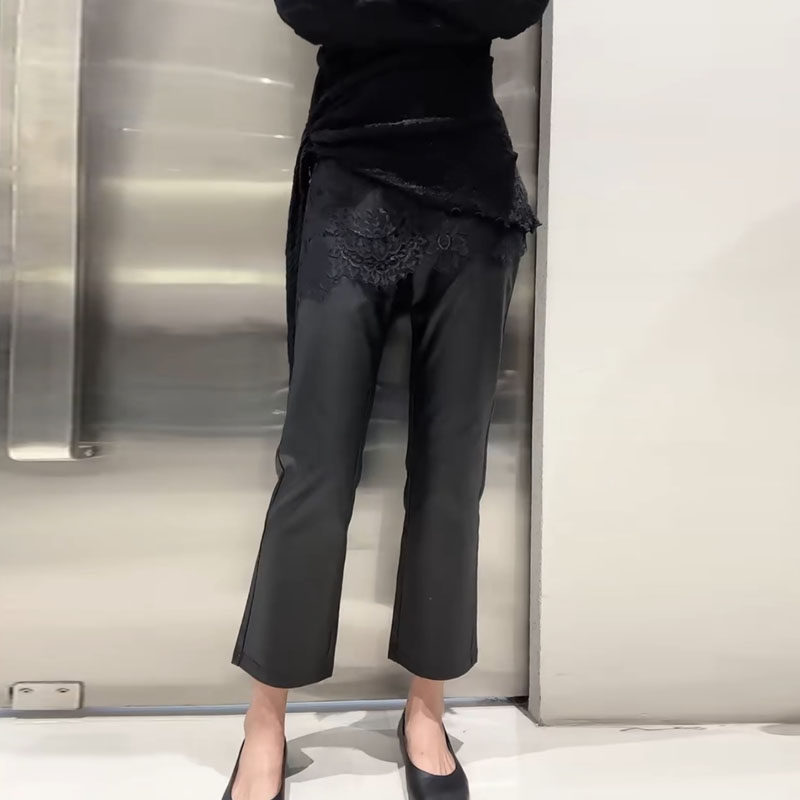 2025时尚欧货秋冬松紧高腰休闲涂层皮裤蕾丝拼接围裙裤九分直筒裤,女装/女士精品,休闲裤,淘宝优惠券,粉丝福利购,淘宝优惠卷