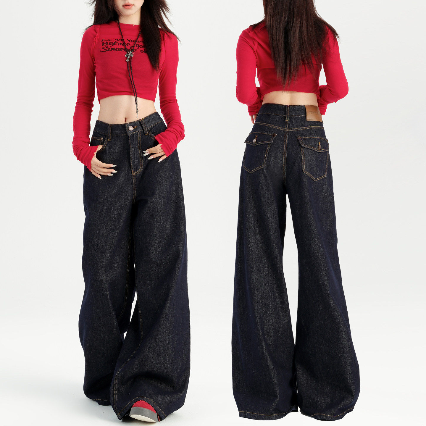 美式深蓝色阔腿牛仔裤女夏季高腰辣妹宽松慵懒垂感休闲 拖地直筒