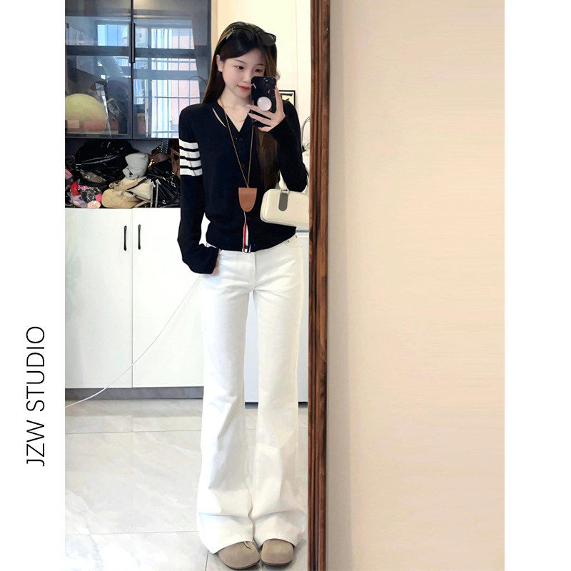 夏季新款白色高腰微喇叭牛仔裤女小个子弹力修身显瘦拖地马蹄裤潮