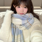 韩系氛围感蓝色格子围巾女冬季 2025新款 百搭可爱风学生高级感围脖