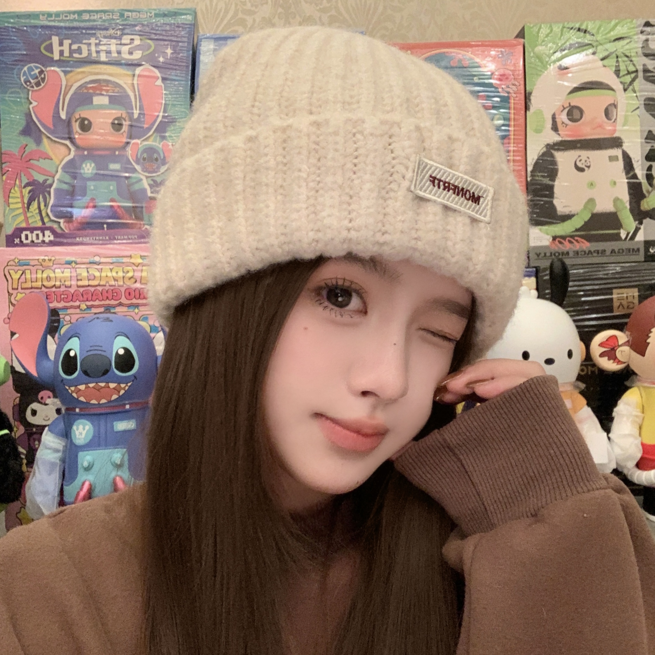 蓝色针织毛线帽女2025秋冬季大头围百搭帽子显脸小保暖护耳包头帽