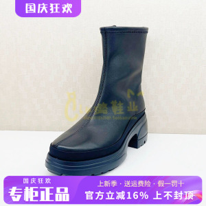 正品蹀愫ts女鞋2026冬新牛皮粗跟高跟时装靴圆头短靴T76714A-01