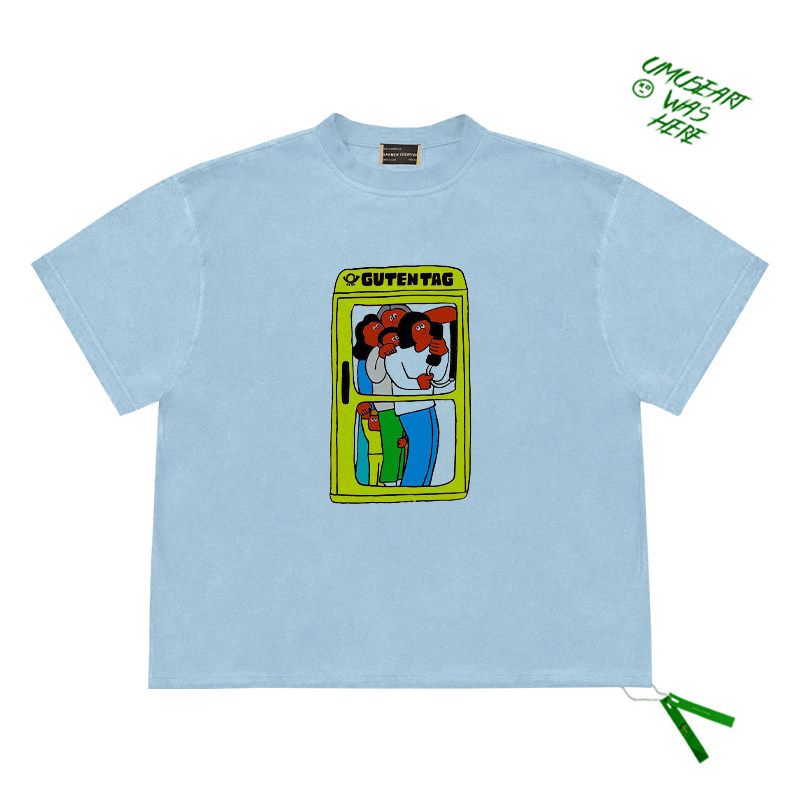 goodbye再会列车门趣味卡通手绘插画印花图案创意设计款短袖上衣