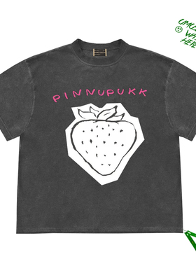 黑色朋克Short Sleeve Tee手绘涂鸦白色草莓印花图案宽松短袖上衣