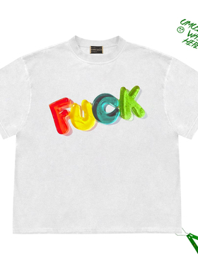 fack彩虹色英文字母logo图案Short Sleeve Tee男女学生短袖上衣