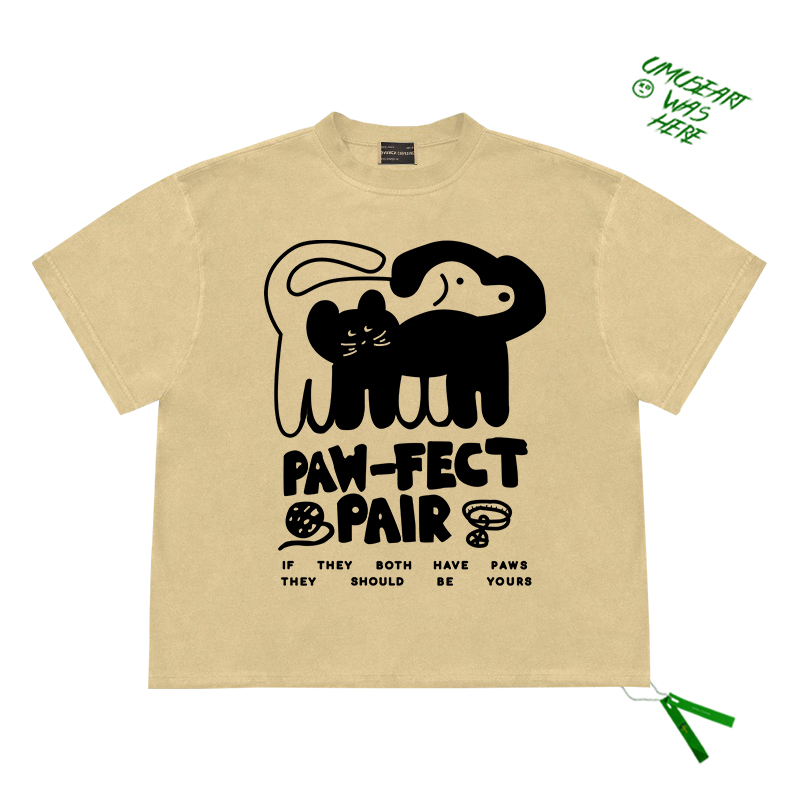 PAW-FECT PAIR爪-效应对狗和猫黑白插画图案简约休闲款短袖上衣
