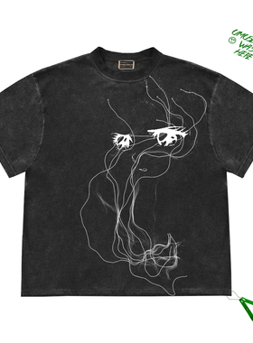 美式复古cropped top 原创烟雾线条画图案创意高级感宽松短袖上衣