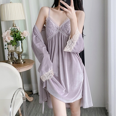 睡衣女秋性感蕾丝吊带睡裙两件套