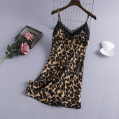 诱惑家居服 带胸垫冰丝豹纹蕾丝新款 睡衣女夏性感吊带睡裙夏季 薄款