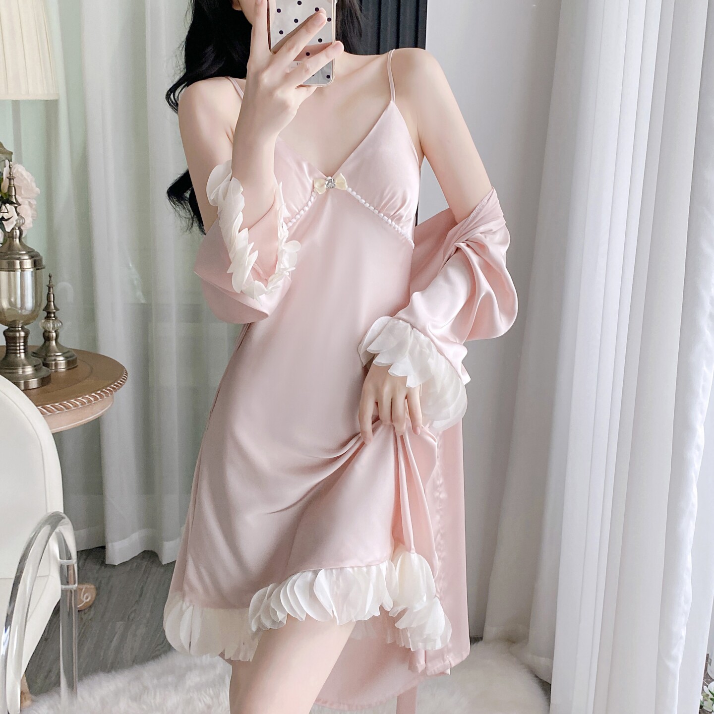 睡衣女夏冰丝蕾丝吊带睡裙带胸垫图片