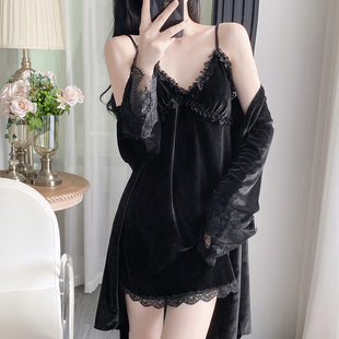 睡衣女款新款秋季金丝绒蕾丝吊带睡裙冬季带胸垫大码家居服两件套