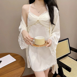 性感睡衣女夏冰丝2024新款蕾丝吊带睡裙带胸垫纯欲风两件套装春秋
