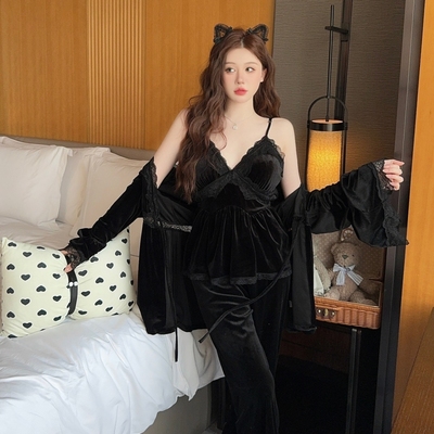 女款金丝绒带胸垫睡衣三件套性感