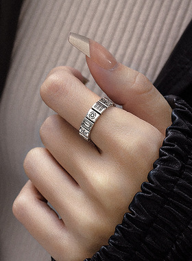 s925纯银麻将十三幺多多发财戒指女复古做旧小众设计个性时尚指环